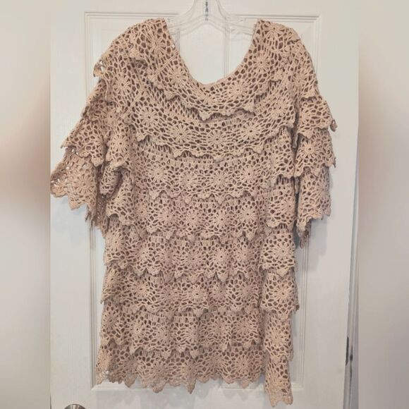 Roamans Womens Plus Size 14/16 Tiered Crochet Sweater Short Sleeve Boho Shirt - Picture 2 of 8